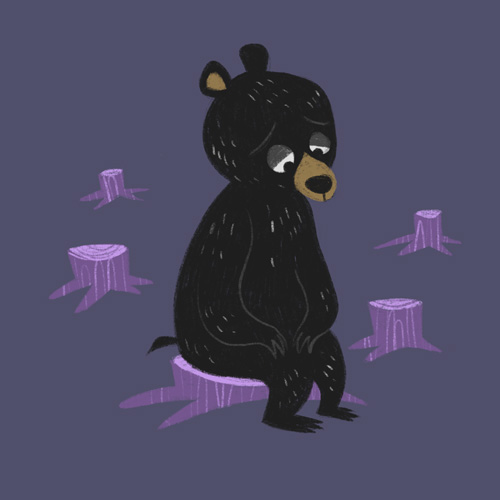 editorial illustration of a sad bear sitting on a tree stump in a clear cut forest