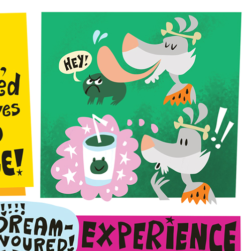 snippet from a comic in Comrad Comics wherein a caveperson licks a frog and imagines future frog-flavoured beverages