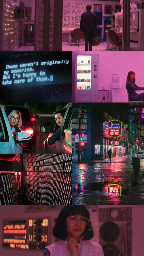 moodboard featuring cassette futurism vibes and neon cityscapes