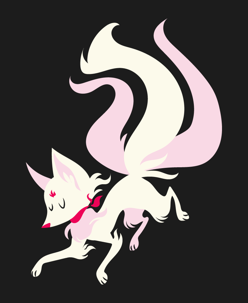 illustration of a white fox spirit with multiple tails and a red bandana