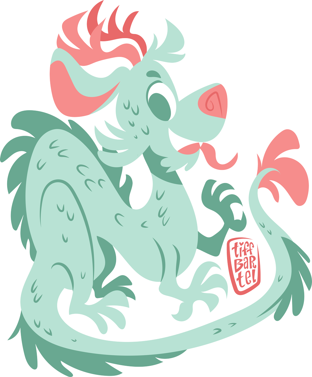 cartoon illustration of an Asian-style dragon in pastel green and pink
