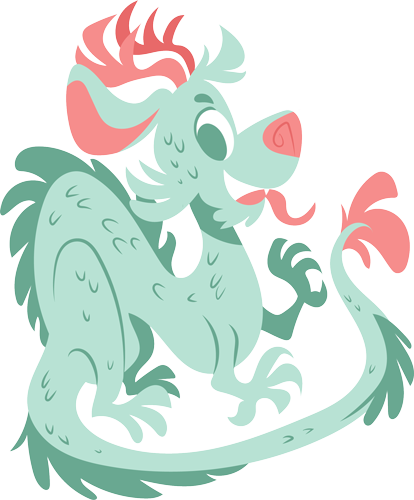 cartoon illustration of an Asian-style dragon in pastel green and pink