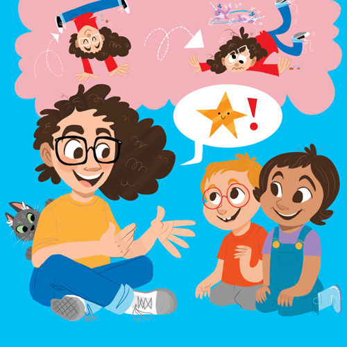 excerpt from a spread from We Need Everyone, featuring Michael and his cat talking to two children